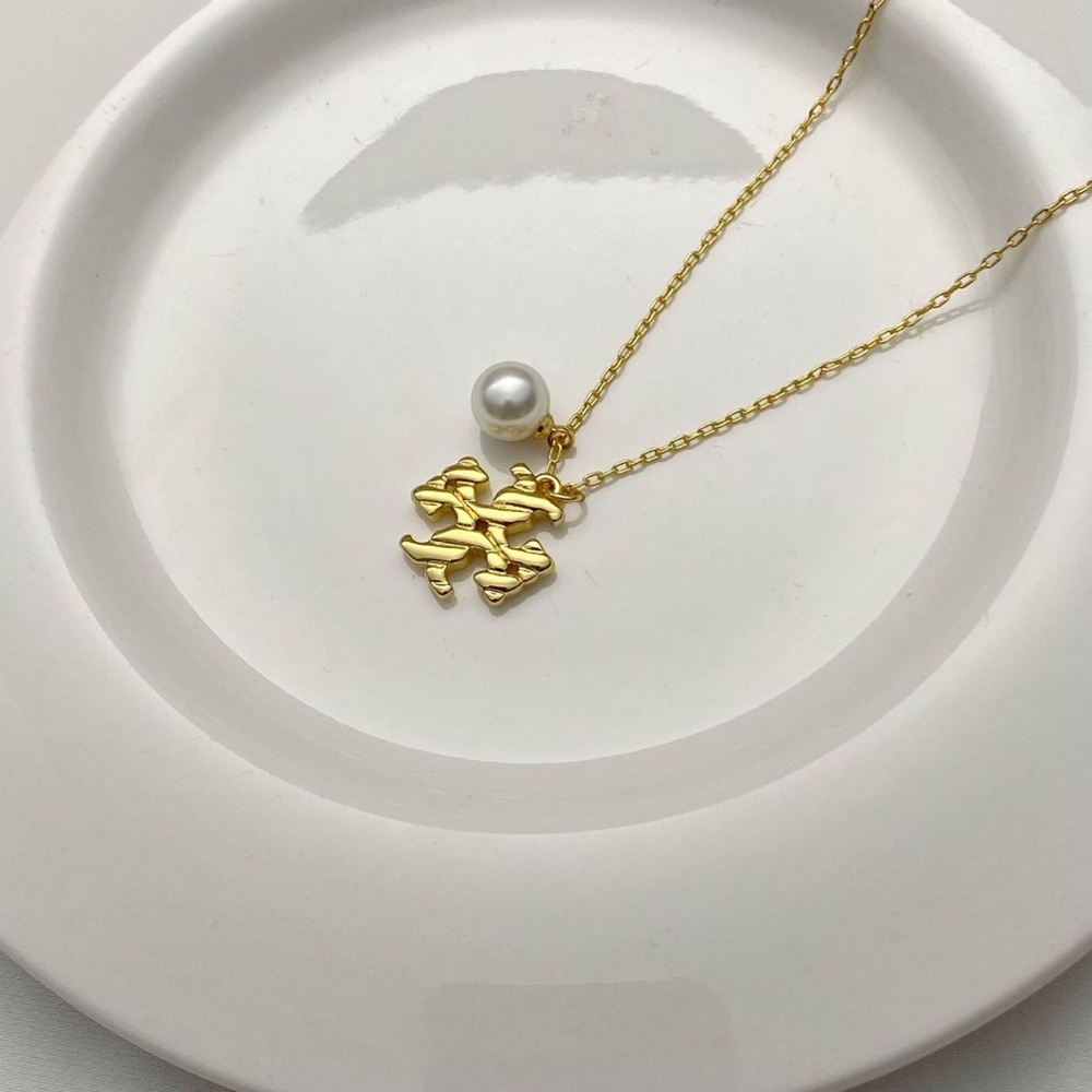 Tory Burch Gold Logo Pendant Necklace with Pearl Accent